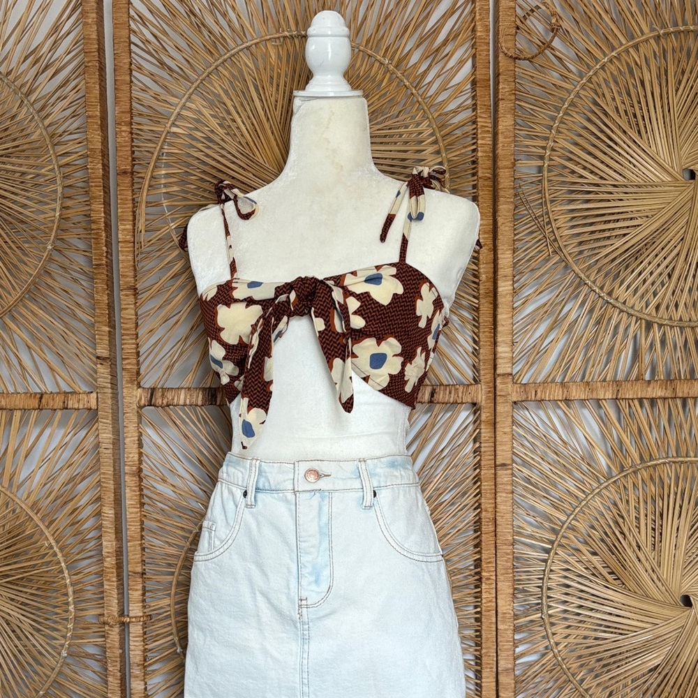 Cider Floral Tie-Front Crop Top - Brown